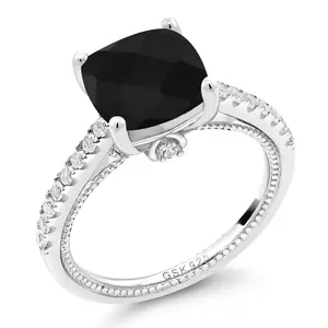 Gem Stone King 4.07 Cttw Black Onyx and White Created Sapphire Engagement Ring For Women | 925 Sterling Silver | Cushion Checkerboard Cut 10MM | Wedding Engagement Anniversary Promise Ring
