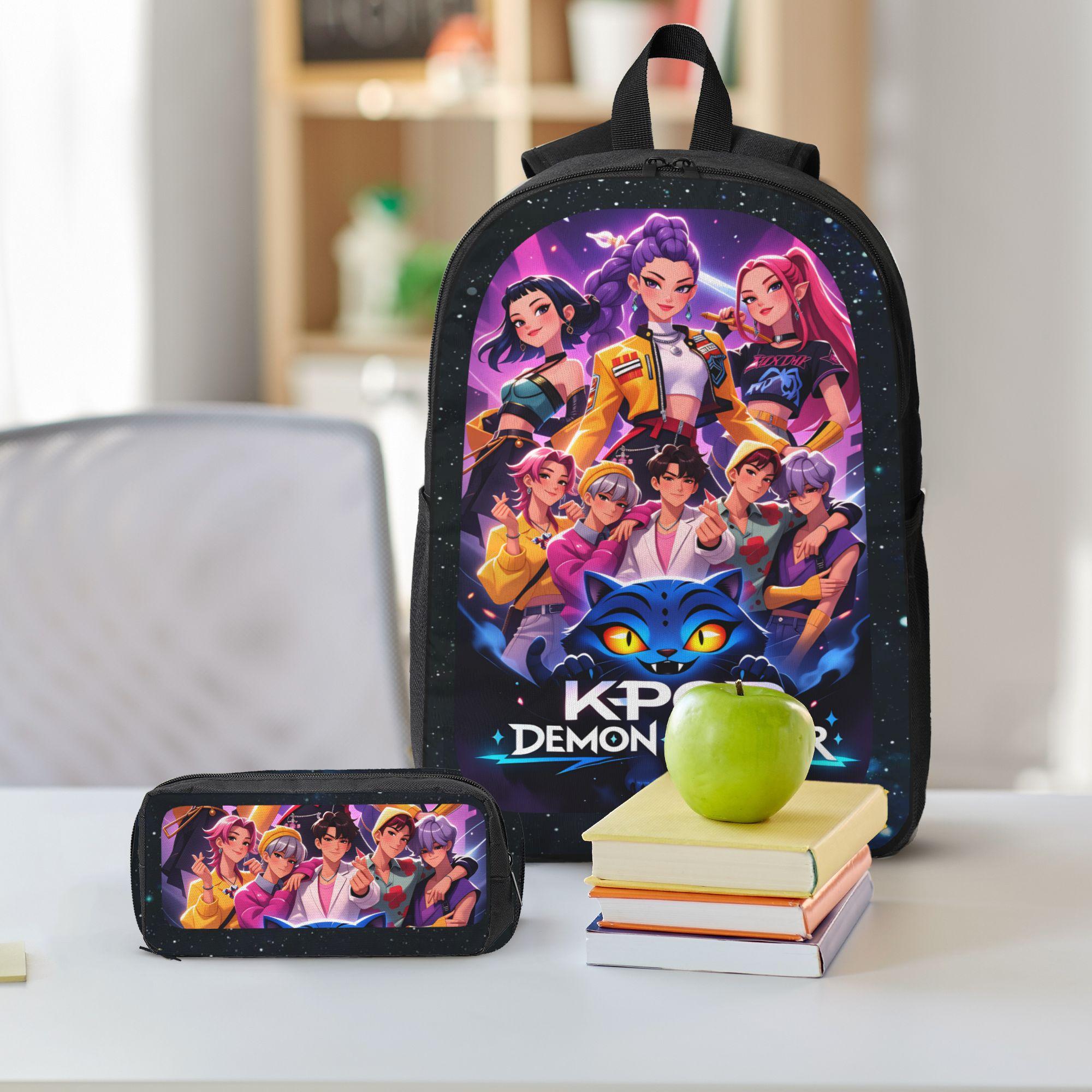 Girls K-Pop Rumi Mira Role Backpack for Girls - A sturdy and durable polyester backpack that comes with a matching lunchbox and pencil case. Featuring a neon sci-fi icon design, it's lightweight and spacious, perfect for school or everyday use.