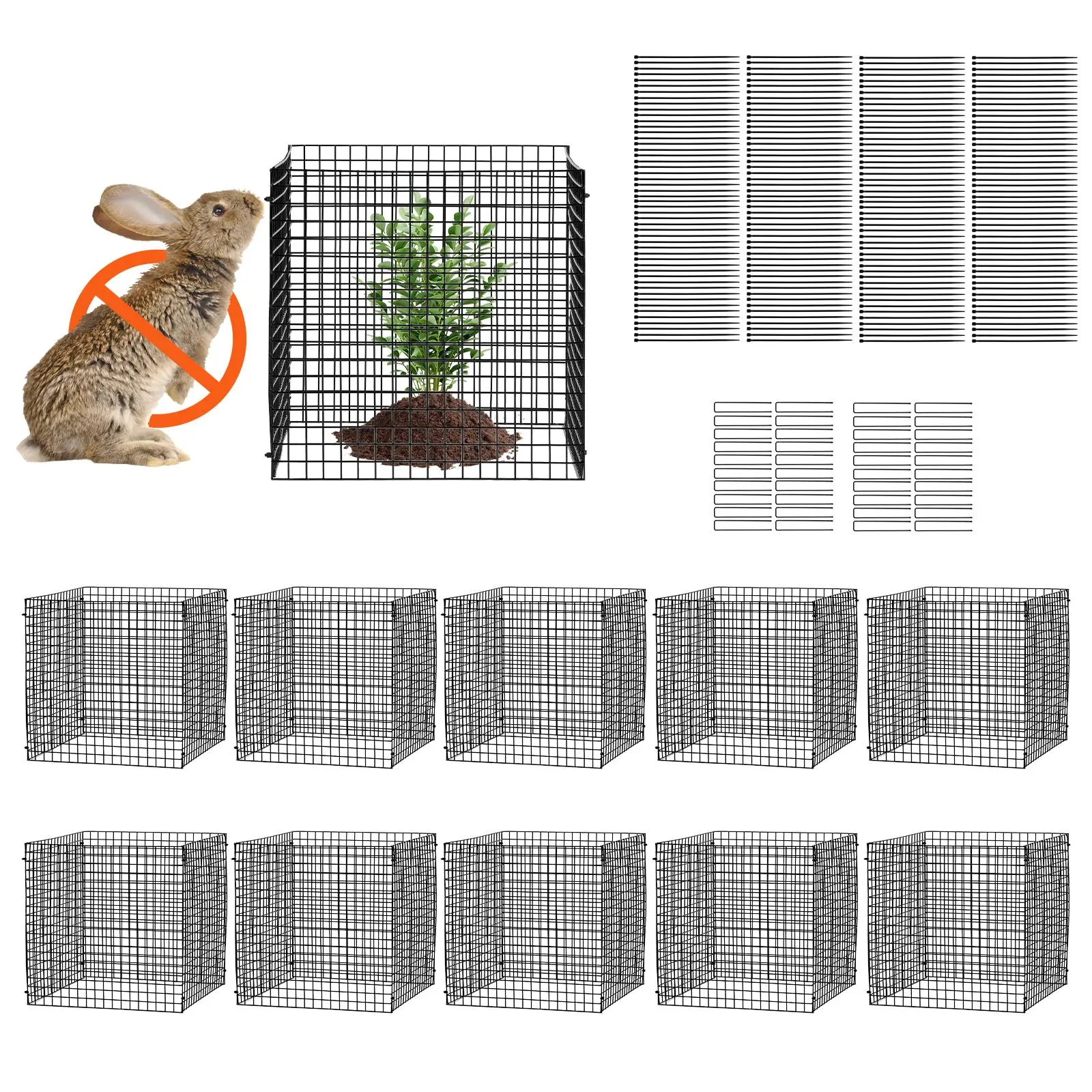 VEVOR 10-Piece 12in Metal Open Frame Chicken Wire Garden Plant Protectors, Easy Adjustable Height Collapsible Cages with 40 U-Shaped Spikes & 200 Black Zip Ties, Outdoor Guard Promotes Vertical Growth Against Bunnies, Garden Supplies Gift