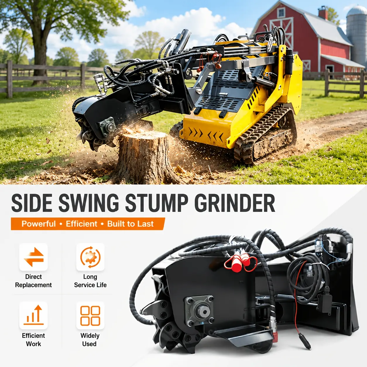 Mini Skid Steer Stump Grinder Attachment, 45° Left & Right Swing, 16 Carbide Steel Teeth, 160-500 RPM Hydraulic Drive, Heavy Duty Tree Stump Remover for Farms, Parks & Courtyards