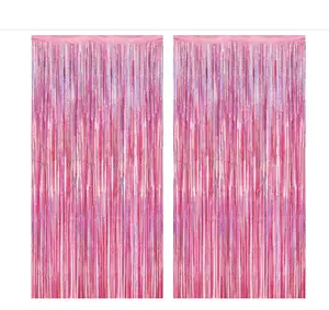 2 Pack Glitter Pink Backdrop, 3.28 FT x 7.05 FT Birthday Party Decorations, Laser Pink Fringe Curtains Foil Streamer Tinsel, Pink Curtains Photo Backdrop Happy Birthday Valentines Day Backdrop