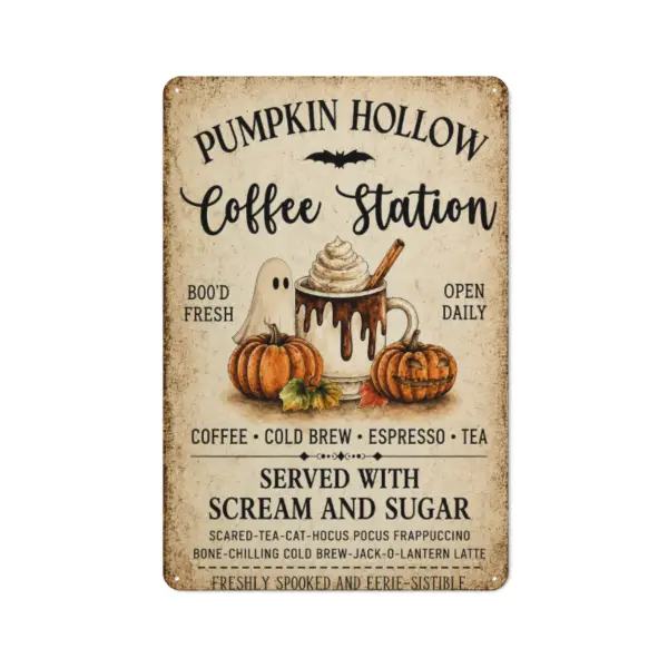 Vintage Metal Tin Sign Decorative Halloween Coffee Station Plaque, Pumpkin Hollow Rustic Farmhouse Coffee Bar Wall Art, Ghost-Themed Fall Home Kitchen Decoration