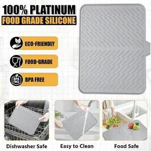 Silicone Dish Drying Mat 23 X 17 Greywith Built-in Drain Lip Hygienic Sturdy CompactEasy to Clean Tray Protects Surfaces PreventsWater Build Up