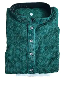 straight /slim fit men's kurta set in cotton.Heavy machine embroidery on front, back and side . Classic Fabric Menswear Menswear
