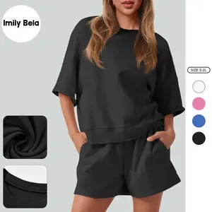 Imily Bela Womens 2 Piece Outfits Casual Oversized Cropped Sweatshirt and High Waist Running Shorts Tracksuit Sets