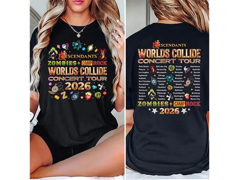 Descendants Zombies Camp Rock Worlds Collide Concert Tour 2026 Shirt, Music Festival 2026 Shirt, Camp Rock Shirt, Descendants Zombies Camp Rock Tee, Retro 90s Music Style, Vintage Fan Merch Top, New Tour 2026 Gift For Fans Classic Menswear Menswear