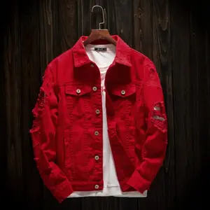 Men's Breathable Straight Denim Jacket, Loose-Fit Long-Sleeve Menswear Clothes for Spring & Autumn, Large-Size Casual Trendy Fabric Top (Couple-Compatible, Red)