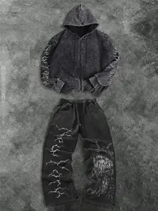 Men's Fashion Casual Two-Piece Set Sweat Suit, Graphic Print Zip-Up Hoodie with Drawstring Wide-Leg Pants, Perfect for Spring and Summer Sports