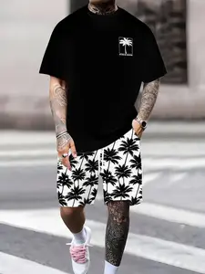Men's Hawaiian Tropical Coconut Tree Graphic Print Shorts, Casual Beachwear Two-Piece Matching Set, Quick-Dry Breathable Couple, Short Sleeve Tee