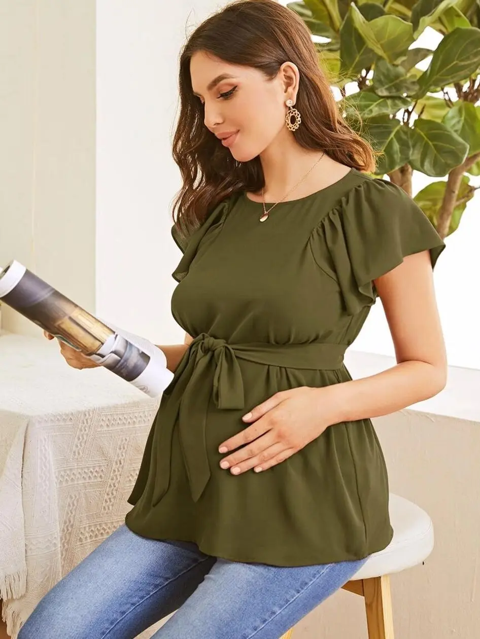 Maternity Flutter Sleeve Top - Self Belted Casual Wear for Moms