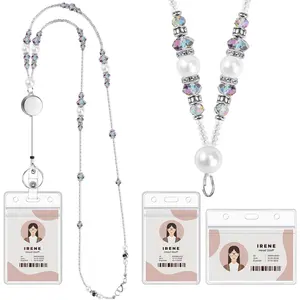 L-BR044 Teacher Lanyards for Id Badges and Keys, Beaded Badge Lanyard with Retractable Reel Pearl Necklace Cute Lanyards for Women