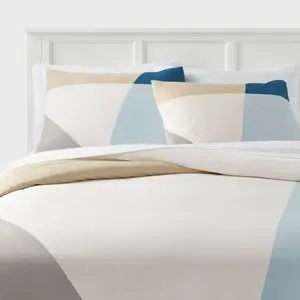 King Printed Easy Care Duvet Cover and Sham Set Ivory/Light Blue/Khaki Geo -