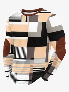 Men's Geometric Patchwork Fitted Long Sleeve T-Shirt, Mondrian Style Casual Round Neck Top for Spring & Fall