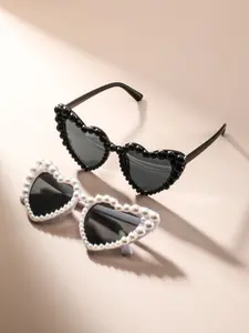 Women's Plastic Cat Eye Pearl Inlaid Glasses, High-End Luxurious Fashion Decorative Eyewear, Cute Sexy Party Festival Essentials, Heart Shaped Sunglass