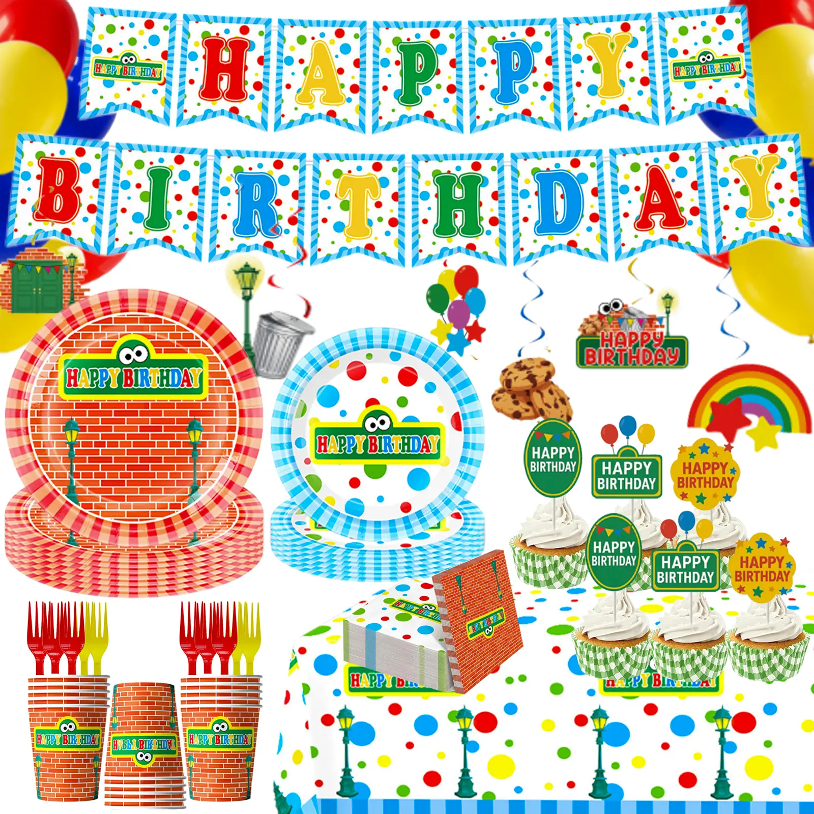152 PCS Cartoon Street Birthday Party Decorations & Tableware Set - Includes Banner, Tablecloth, Plates, Napkins, Cups, Forks, Balloons, Cake Toppers - Primary Colors Party Supplies Serves 20