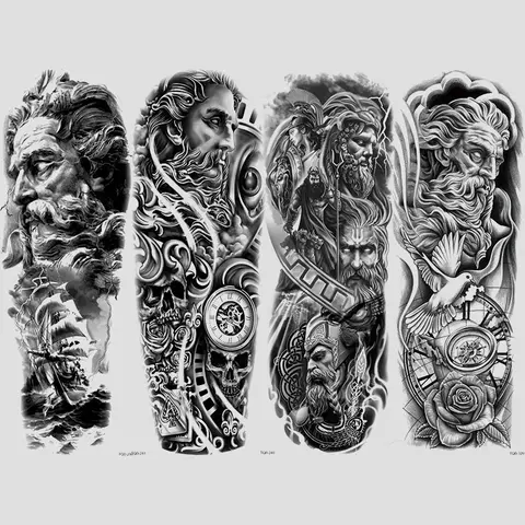 4-Piece Greek Mythology & Pirate Ship Temporary Tattoos, Aesthetic Tattoo Merch, Waterproof Realistic Full Arm Sleeves, Long-Lasting Body Art Stickers for Men & Women