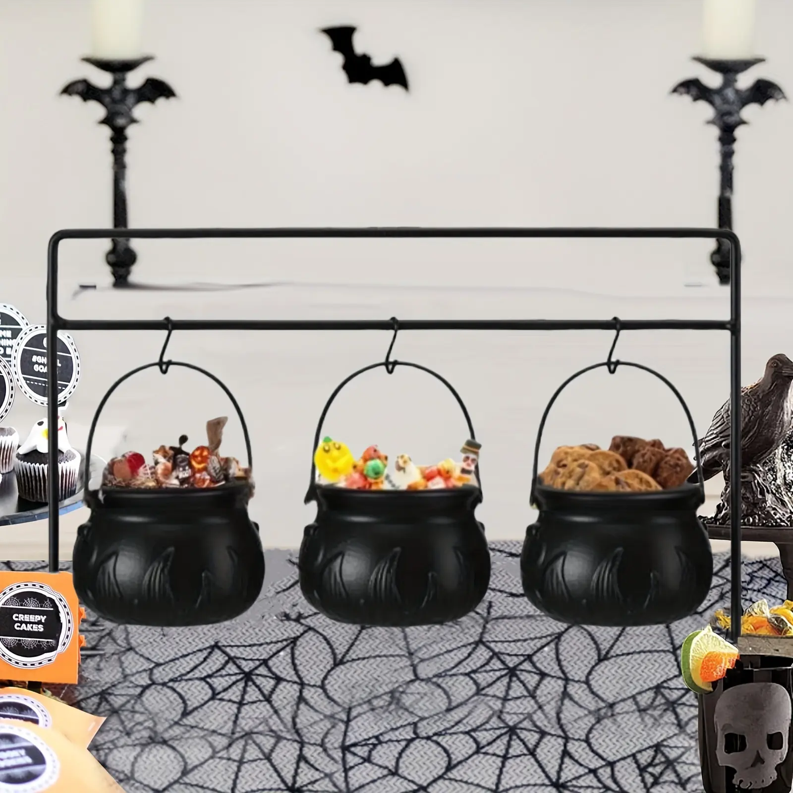 Halloween Party Set Witch Decorative Candy Jar, Plastic Bowls with Stands, 3-Piece Halloween Decoration Kit for Parties, Party Favors Assortment