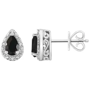Affinity Gems Pear Onyx & Diamond Stud Earrings, Sterling