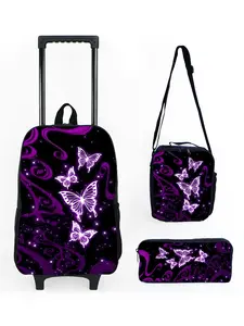 Purple Butterfly Print Black Unisex Backpack with Telescopic Handle | Casual Style, Lining, Zipper Closure, Hard Case, For Teenager