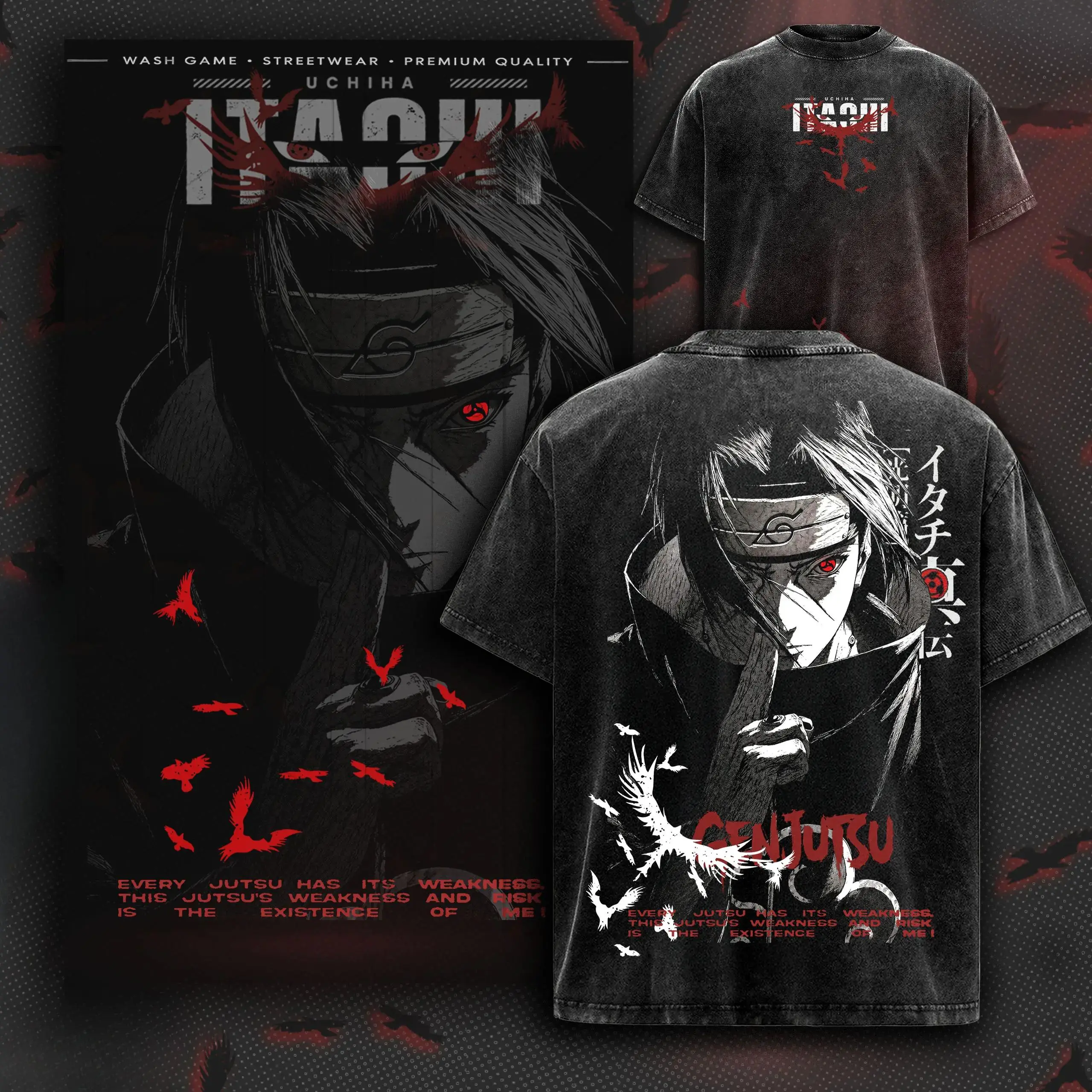 Uchiha Itachi Vintage Washed Black Tee Dual Side Small White ITACHI Letter Red Crow Chest Print White Line Sharingan Vertical Japanese Kanji GENJUTSU Crow Flock Ninja Quote Back Street Top