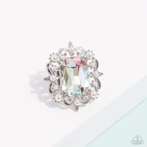 Framed Flourish - Multi Iridescent Gem White Pearl Silver Ring - Paparazzi