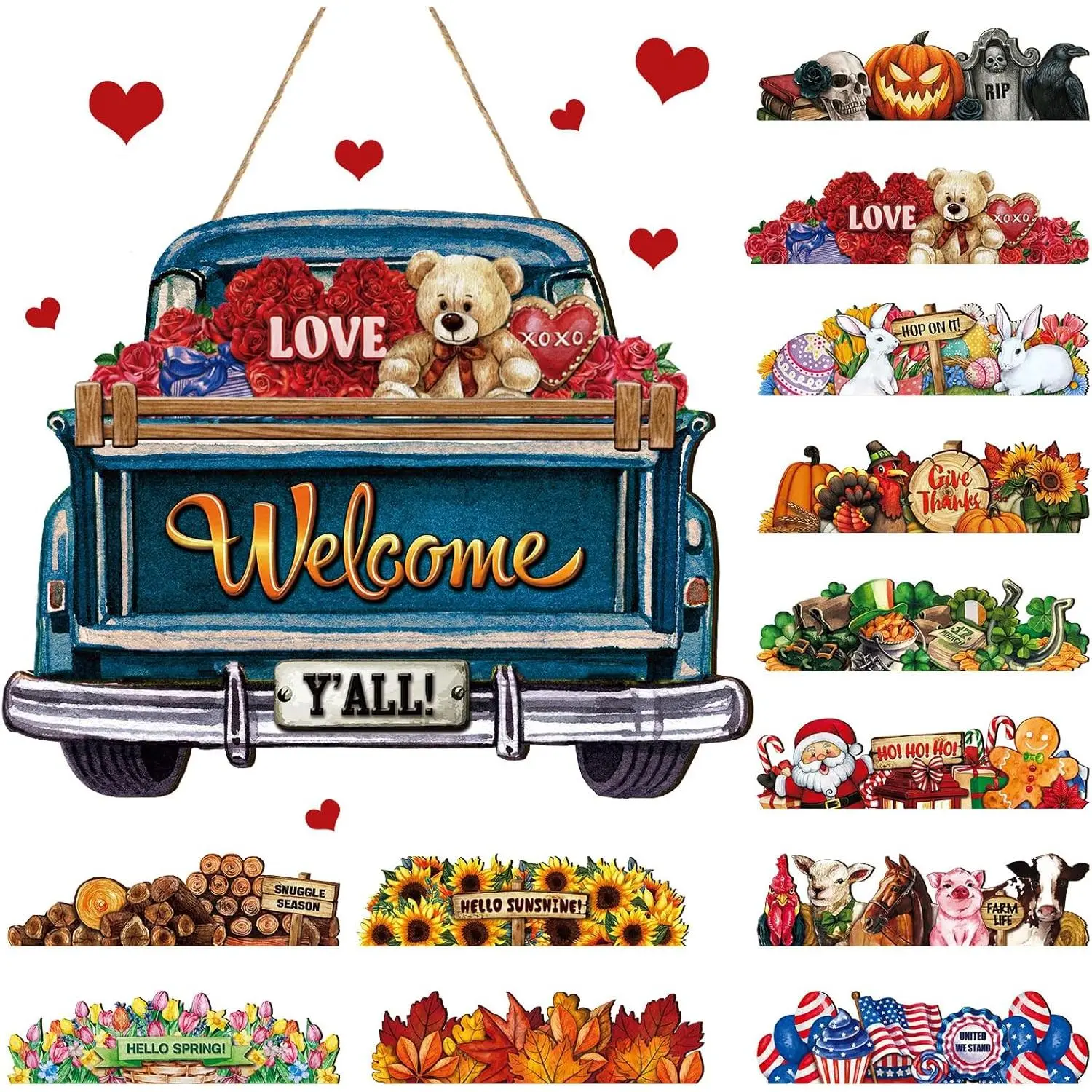 13pcs Wooden Interchangeable Welcome Sign Set - Farmhouse Truck Rustic Charm Decor with 12 Multiple Inserts, Hanging Wedding/Valentine's Day/Easter Ornament, Front Door Gift with Hidden Pocket (Cute Color)