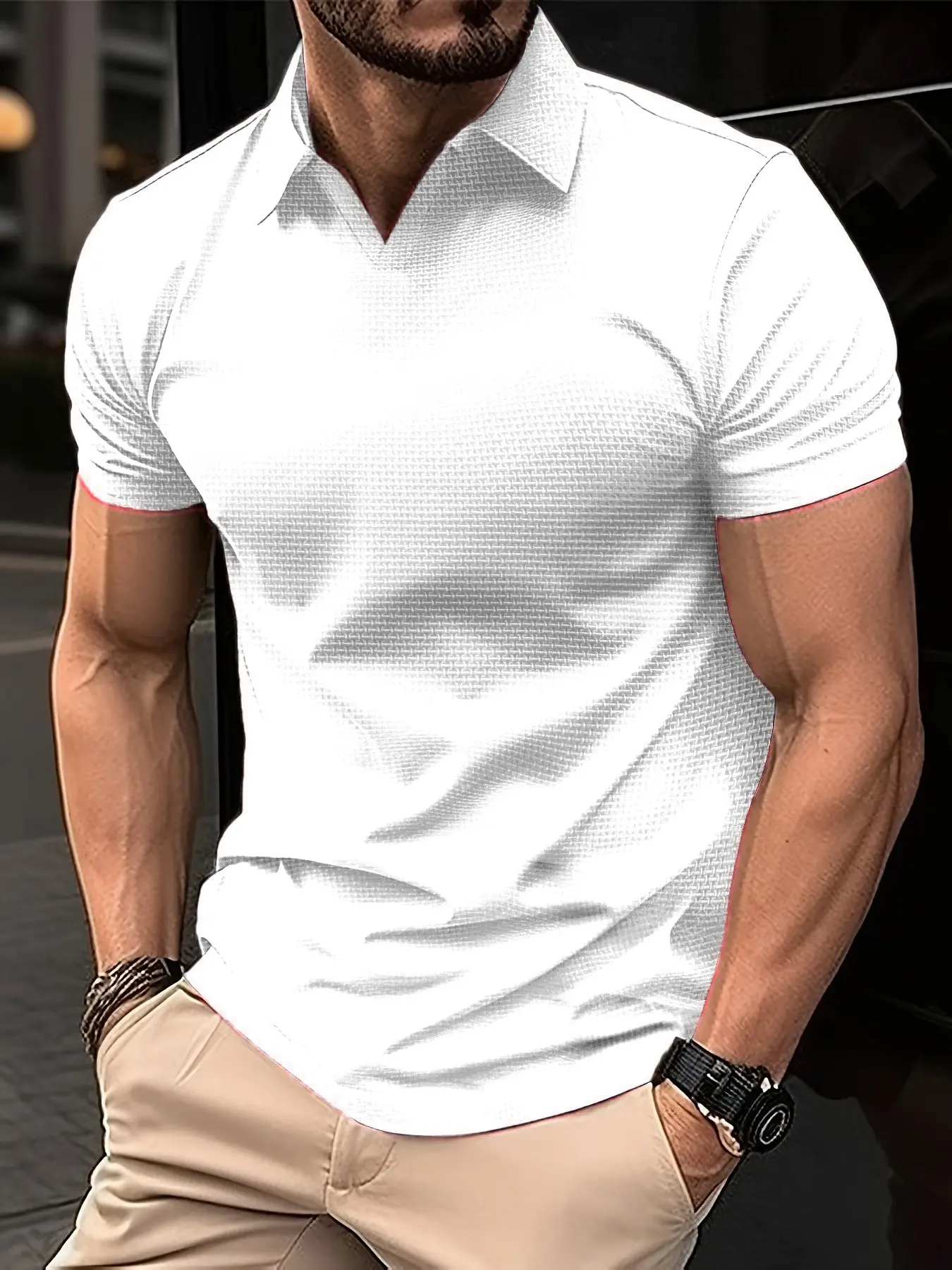 Men's versatile summer Plain polo with a collar, short sleeves, made of waffle fabric, fits snugly without being stuffy. It looks great with any kind of pants and is suitable for casual wear, commuting, and dates.