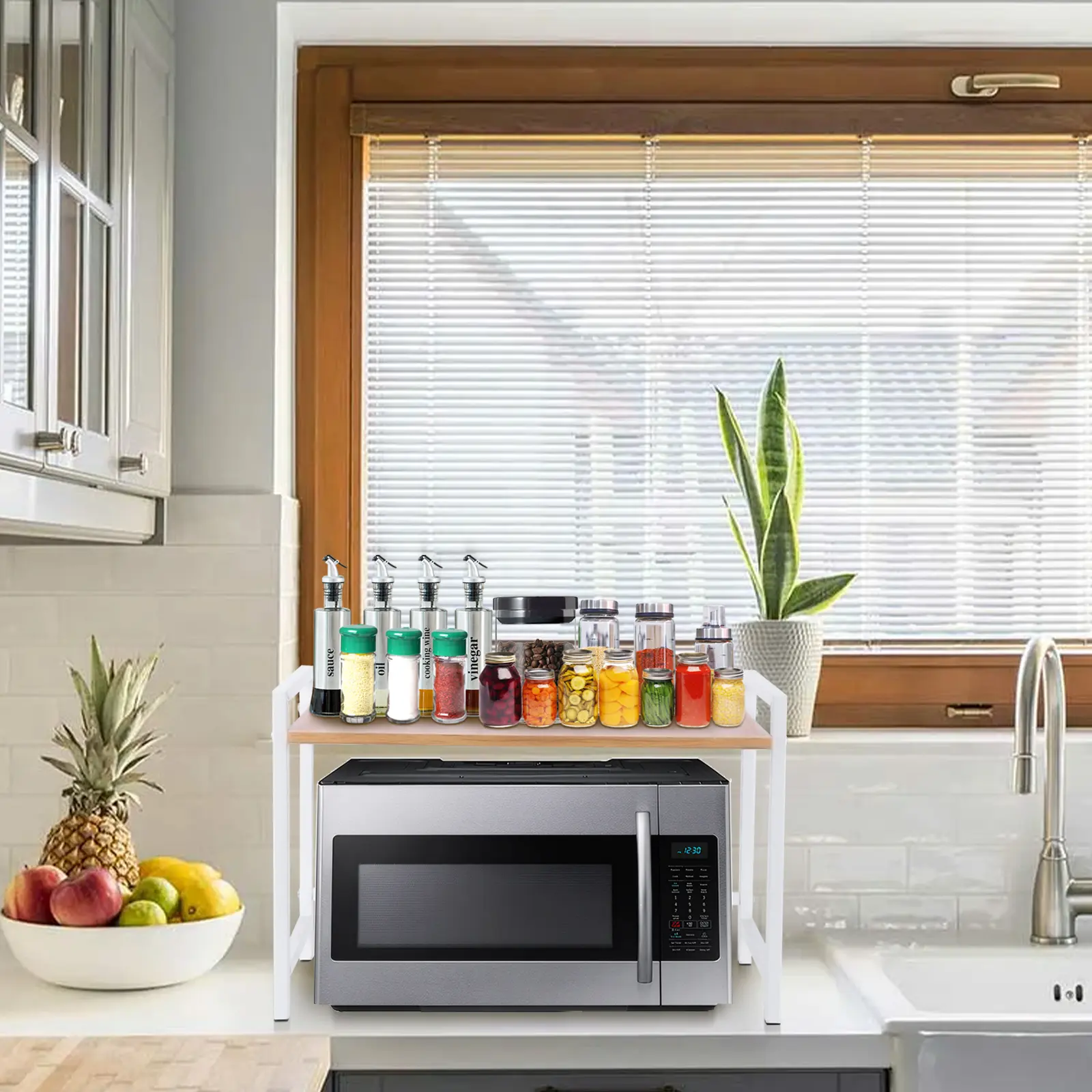 Heavy Duty Expandable Metal-Steel-Wooden Microwave Rack with Backboard - 1x Multifunctional Home Organizer for Kitchen Countertop/Bedroom, Safe & Convenient Design, Box Storage & Space Maximization (530x260x360mm), 1X Rack