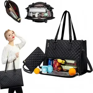 Large Capacity Lunch Tote Bag, 15.6 Inch Laptop Bag with Insulated Lunch Compartment, Quilted Computer Handbag for Business, Work, Nurse, Office, Collage