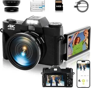 4K Digital Camera for Photography Autofocus 56MP 16X Digital Zoom with WiFi 3'' 180 Flip Screen Vlogging YouTube Video Students Compact Cameras with 2  64GB  SD Card (Black)