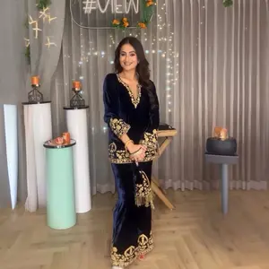 Lady's 2-Piece Elegant Velvet Kurthi and Plazo Pant Clothes Set, Navy Blue with Gold Embroidery, Tassel Detail, Long Sleeve, and Putli Bag for Women