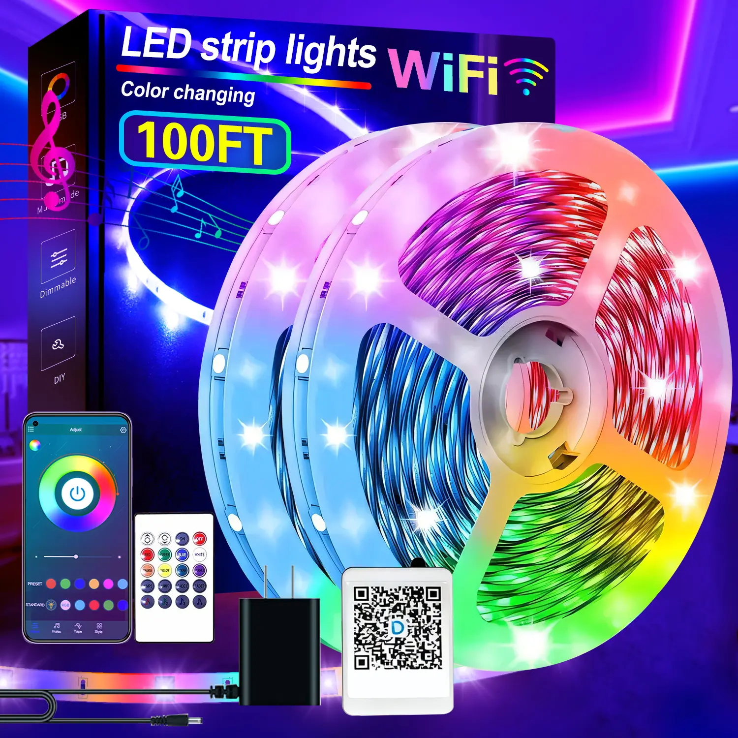 DAYBETTER 100ft Led Strip Lights for Bedroom, Color Changing Led Light Strips Kit with Bluetooth App Control and IR Remote, RGB Music Sync Lighting for Room, party, Home Decor