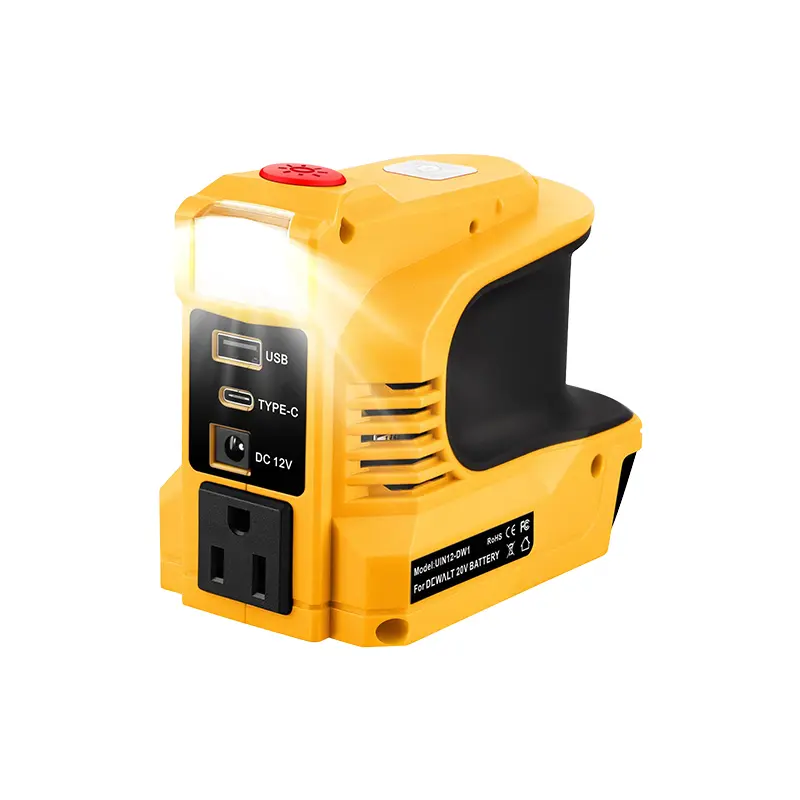 Sakerplus 220W Portable Power Inverter Compatible with Milwaukee Battery, 200LM LED Work Light, DC 18V to AC 110V Converter — Ideal for Home Emergency Power, Outdoor Camping, Vehicle Maintenance & Job Sites