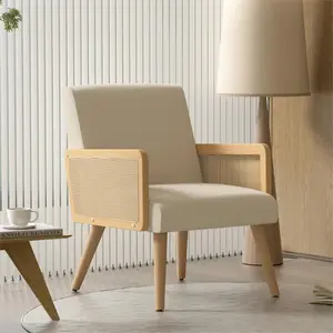 Rattan Accent Chair - Linen Upholstered Armchair with Wood Legs, Mid-Century Modern Design, Spring Support for Living Room or Bedroom