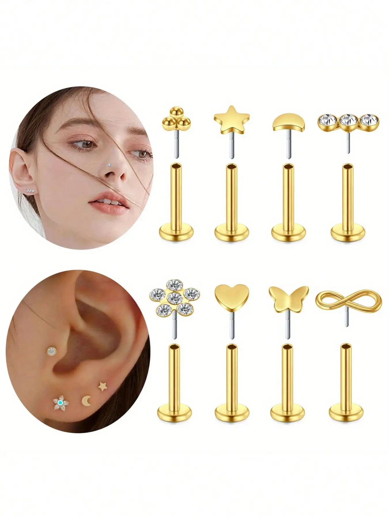 8Pcs/Set  Threadless Push In Labret Stud For Lip Nose Ear, Threadless Earring Labret, Stainless Steel Tragus Helix Cartilage Medusa Monroe Piercing Jewelry For Women Men, Butterfly/Flower/Square Decoration Silver Yellow Gold, Threadless