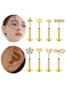 8Pcs/Set  Threadless Push In Labret Stud For Lip Nose Ear, Threadless Earring Labret, Stainless Steel Tragus Helix Cartilage Medusa Monroe Piercing Jewelry For Women Men, Butterfly/Flower/Square Decoration Silver Yellow Gold, Threadless