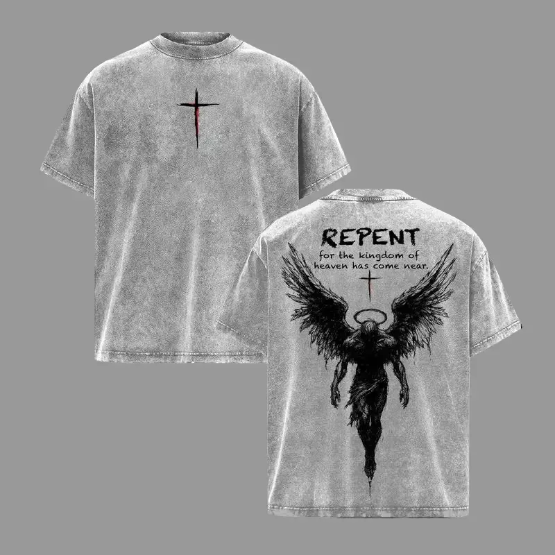 Repent Vintage Washed Oversized Christian T-Shirt, Angel Wings Faith Graphic Tee, “Kingdom of Heaven Has Come Near” Gospel Streetwear Top, Heavy Cotton Unisex Retro Worship Shirt Seamless Classic