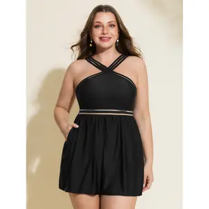 BLOOMCHIC Women's Plus Size Halter Neck Color Contrast Pocket Swim Romper [M-6X] 2026, Plus Sized Bathing Suits, Sporty 1-Pieces, Summer Vibes, Sporty One-Pieces