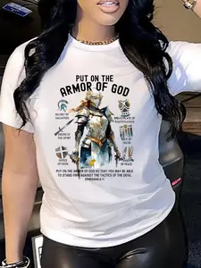Women's Faith T-Shirt "Put on the Full Armor of God" Ephesians 6:10-18 - Light Gray Bible Verse Top with Ephesus Chapter & Verse Design, Machine Washable Spiritual Apparel for Church, Prayer & Casual Attire