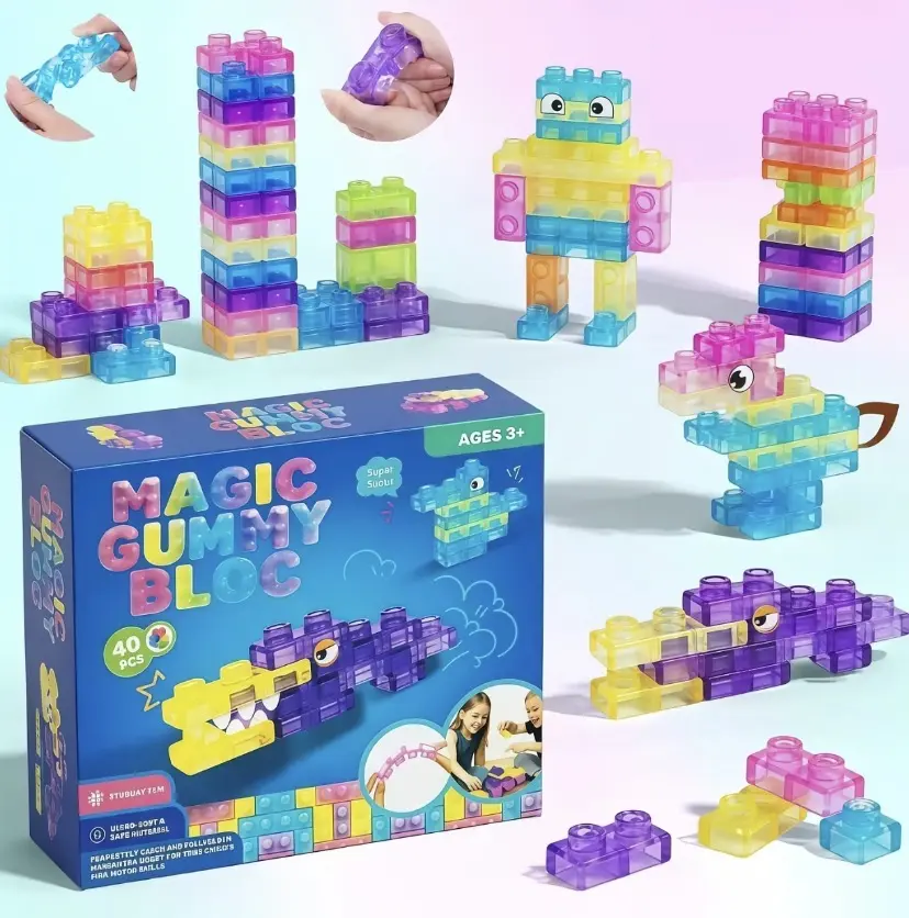 Flexible Squeeze Building Blocks, 40PCS Soft Sensory Toys for Toddlers, Non-Toxic Silicone Stacking Blocks, STEM Educational Fidget Toys for Kids 3+, Safe & Durable Construction Play Set
