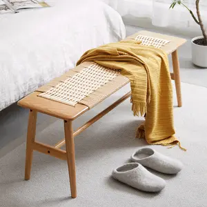 Skinny Bench,Wood Bench Indoor with Hand Woven Rope Surface Design, Rattan Bench for End of Bed with Solid Structure (Oak+Natural, 11.82" D x 31.5" W x 15.98" H)