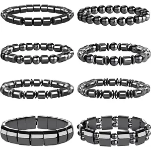 Hematite Bracelet Set - 8 Pcs Stretch Round Bead Stone Bracelets, Adjustable Elastic String, High-Quality Stones, Comfortable Fit, Ideal Gift for Special Occasions