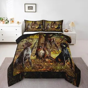 Pheasant Hunting Comforter Set,Black Dog Bedding Set,Boho Farmhouse Wild Animals Down Comforter,Woodland Leaves Hunter Gun Room Decor Quilt Set