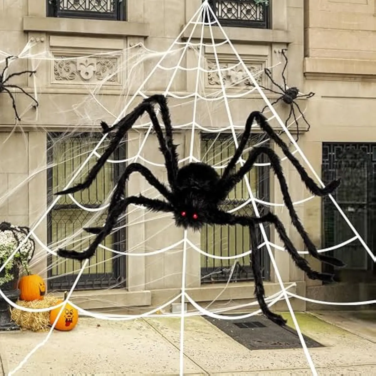 Halloween Spider Web and 59'' Giant Spider, 16.4 x 15.7 Ft Large Triangular Web for Outdoor Decoration, Giant Spiderweb for Patio, Garden, Yard, Haunted House Decor, Indoor Home Party Supplies