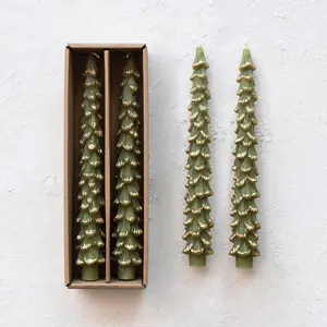 Unscented Tree Shaped Taper Candles w/ Gold Tips in Box, Evergreen Color, Set of 2