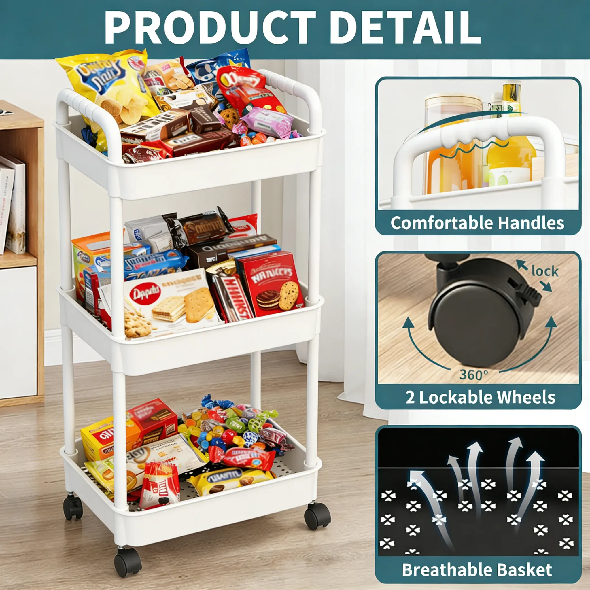 3-Tier Rotatable Rolling Storage Cart with Wheels - Plastic Home Organizer Rack with Perforated Shelves & Divided Baskets, Quick Assembly Space-Saving Solution for Bathroom, Kitchen