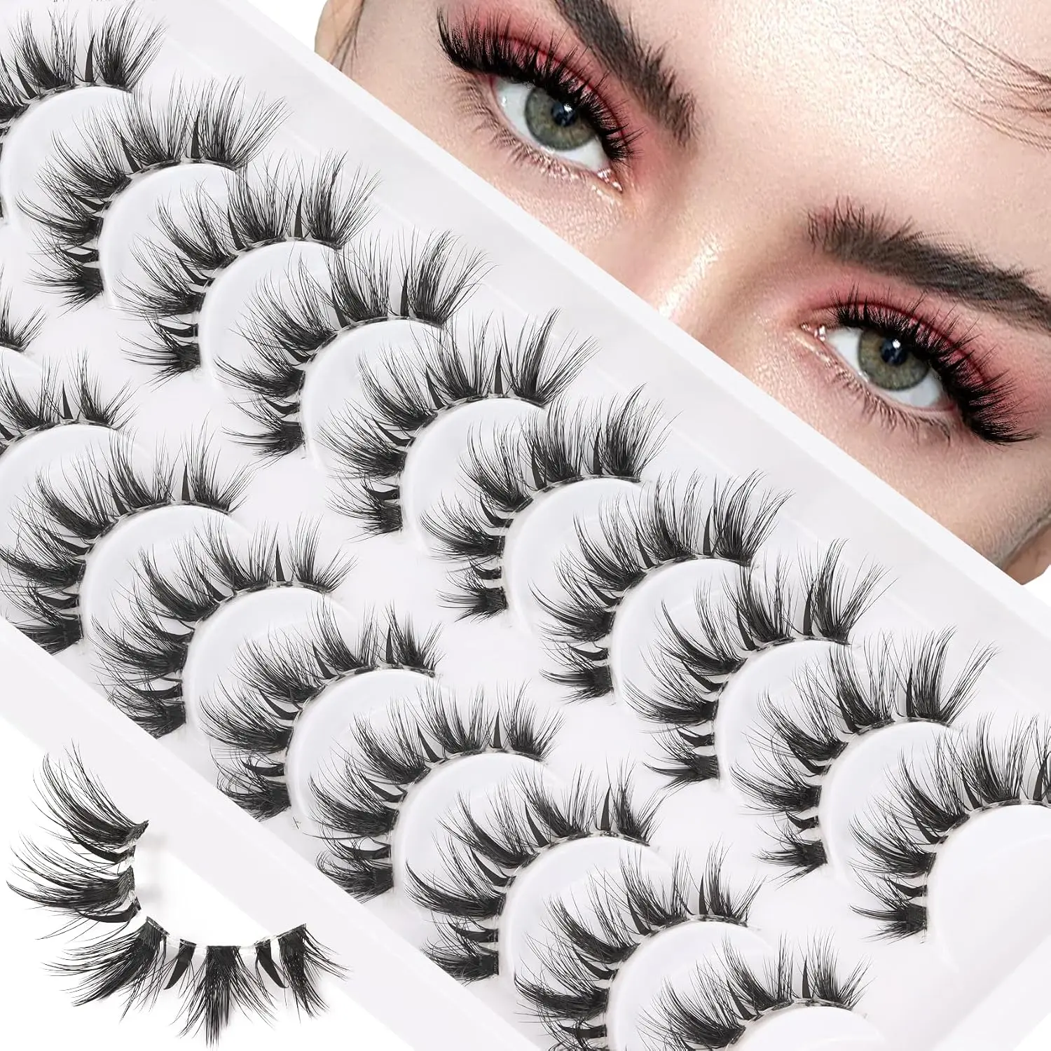 Veleasha Manga Lashes Cat Eye Lashes Spiky Eyelashes (Spiky02) | Cat Eye Lashes,Clear Band,7-16MM,C Curl,Spiky,Anime,False Eyelashes,10 Pairs,Doll Eye,Wispy Eyelashes,for Daily Life