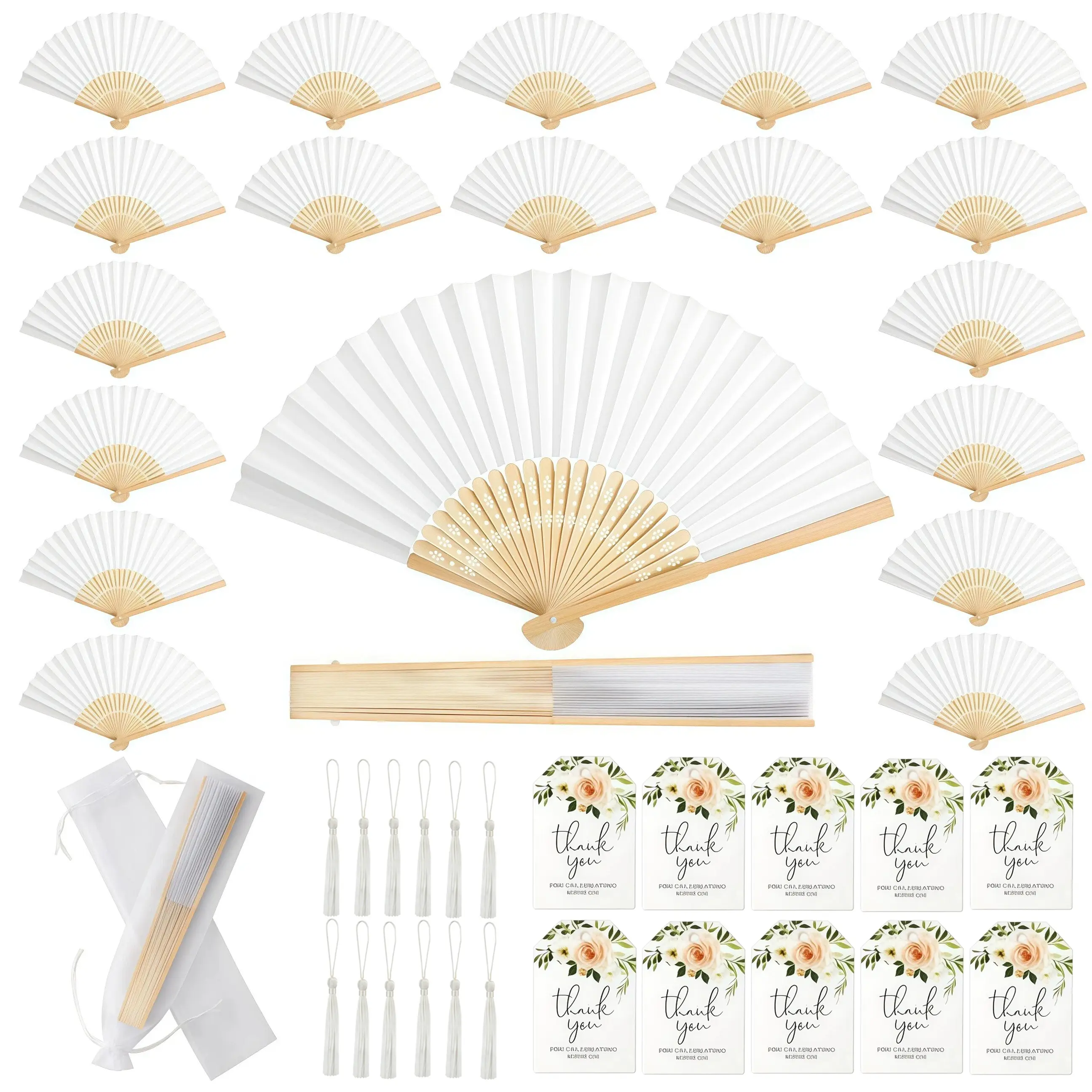 30pcs Foldable Paper Wood Hand Fans Set - DIY Crafts Wedding Party Favors Kit with Thank You Card, Tassels, Organza Bags, 8.3" Compact Favor Gift for Bridal Shower Guests (Decor, Photo Use) # card game perfect Christmas Surprise Money Pouch night slot toy