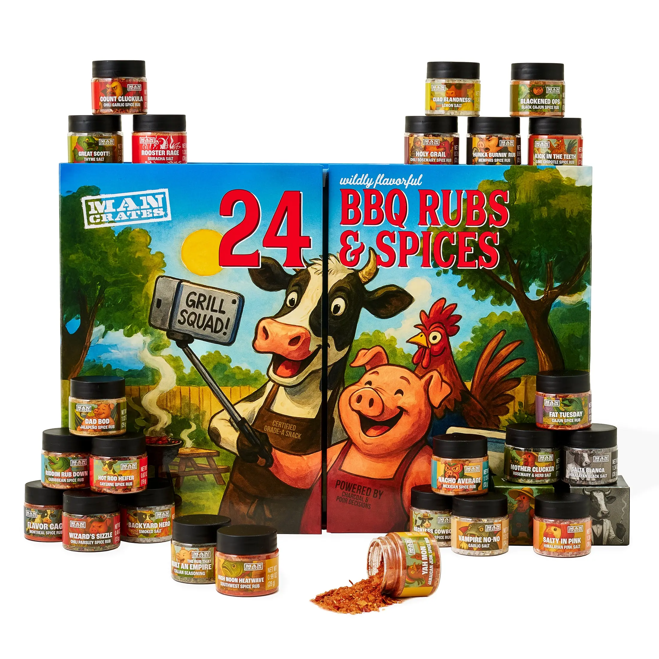 Man Crates Grill Squad BBQ Rubs & Spices – 24 Days of Surprise Seasoning Gift Set with 24 Gourmet Rub & Salt Varieties – Unique Grilling Gift for Men, Dad, BBQ Lovers