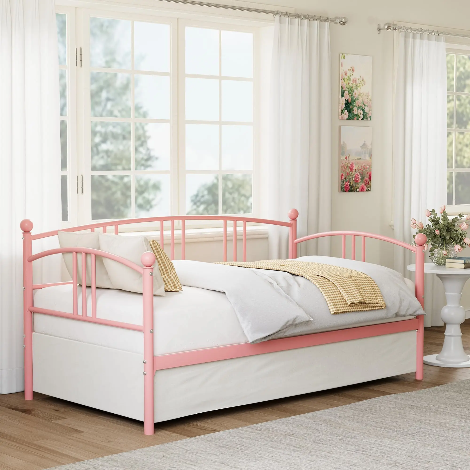 Twin Daybed with Trundle - Premium Space Saving Daybed for Living Room & Guest Room with Metal Sofa Bed Frame, Arched Headboard & Steel Slat Support
